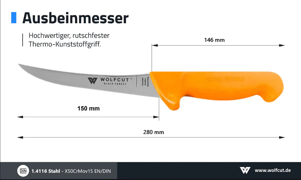 WOLFCUT Gold Ausbeinmesser 15cm gebogene steife Klinge