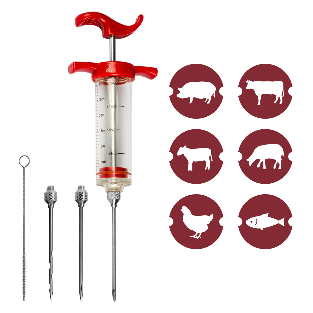 Marinadenspritze 30 ml mit 3 Nadeln und Reinigungsbürste